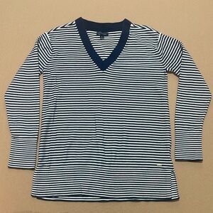 Tommy Hilfiger Blue and White V-Neck Striped Sweater